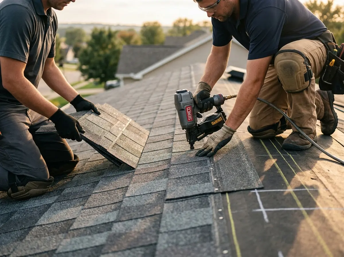Professional roofer working on a residential roof in Booneville